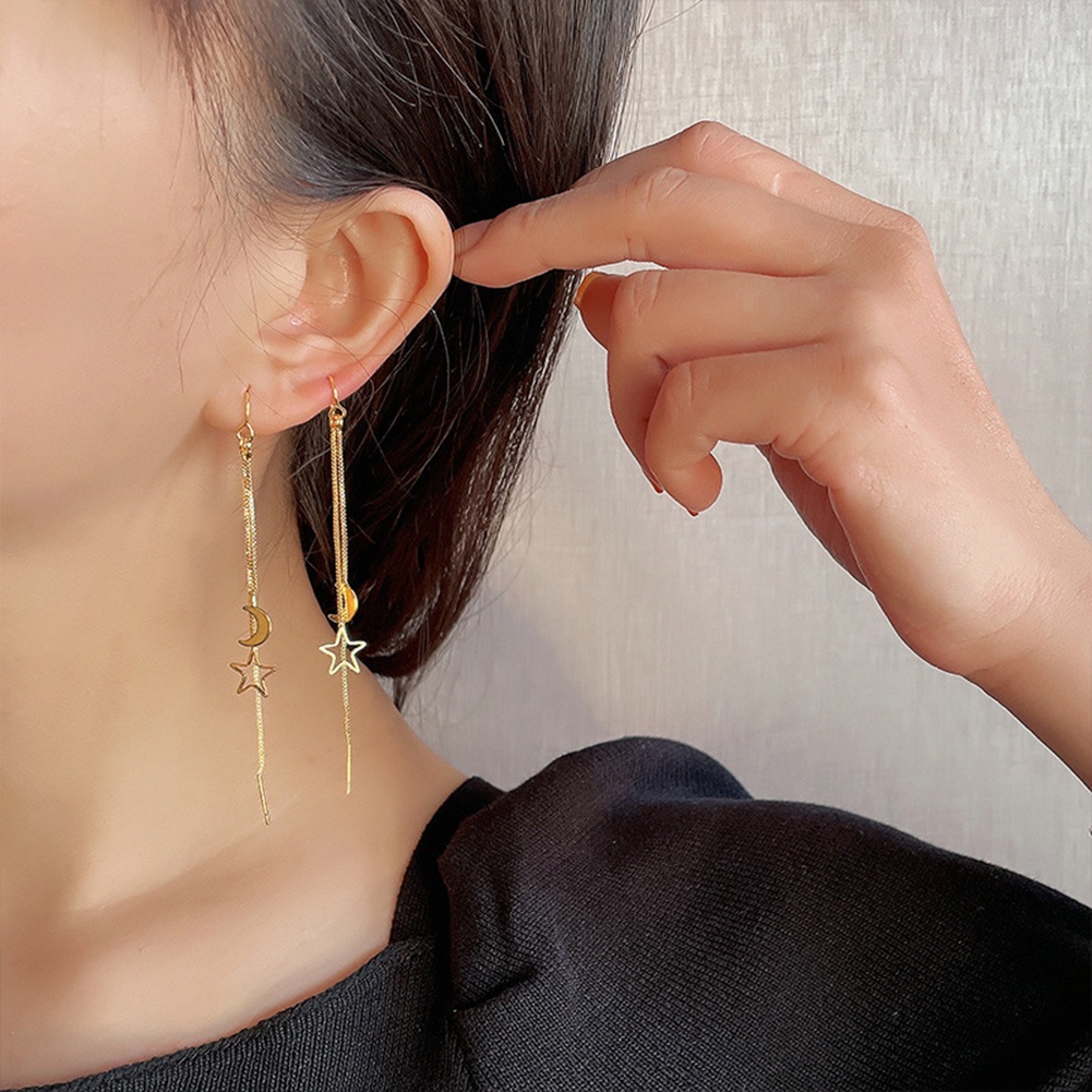 Hoa Tai Dáng Dài Hình Ngôi Sao / Mặt Trăng Màu Vàng Thời Trang Phong Cách Hàn Quốc
