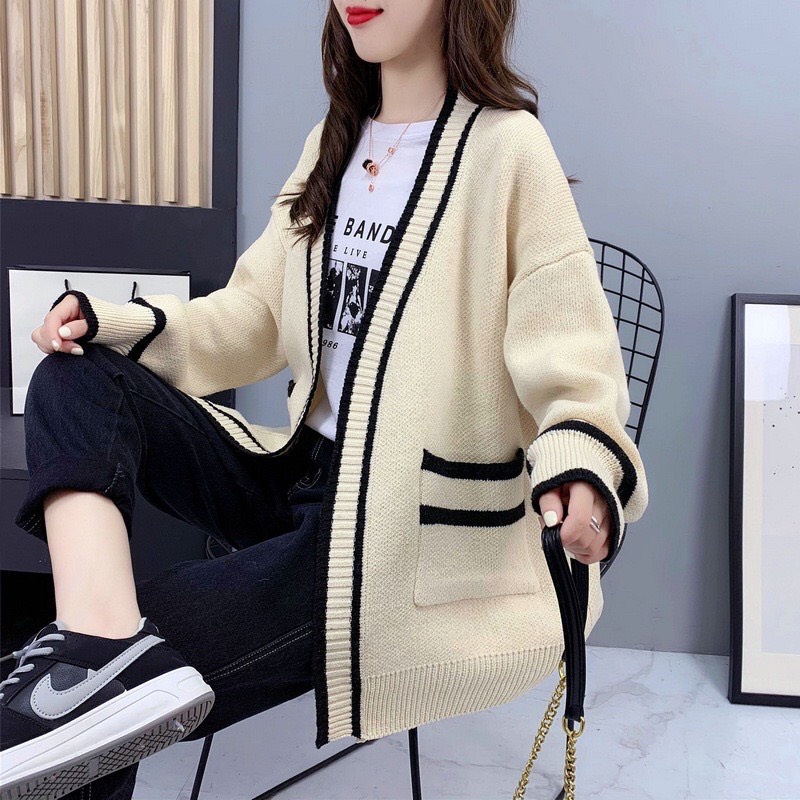 Áo cadigan nữ len dày form rộngcó túi  thiết kế viền đen trắng siêu xinh