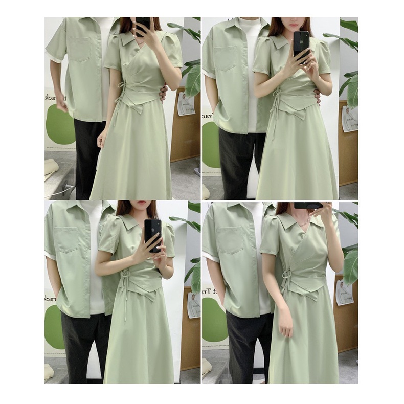 Áo váy đôi nam nữ màu xanh mint trend đấp tà ngực - Đồ đôi Forever Couple Store