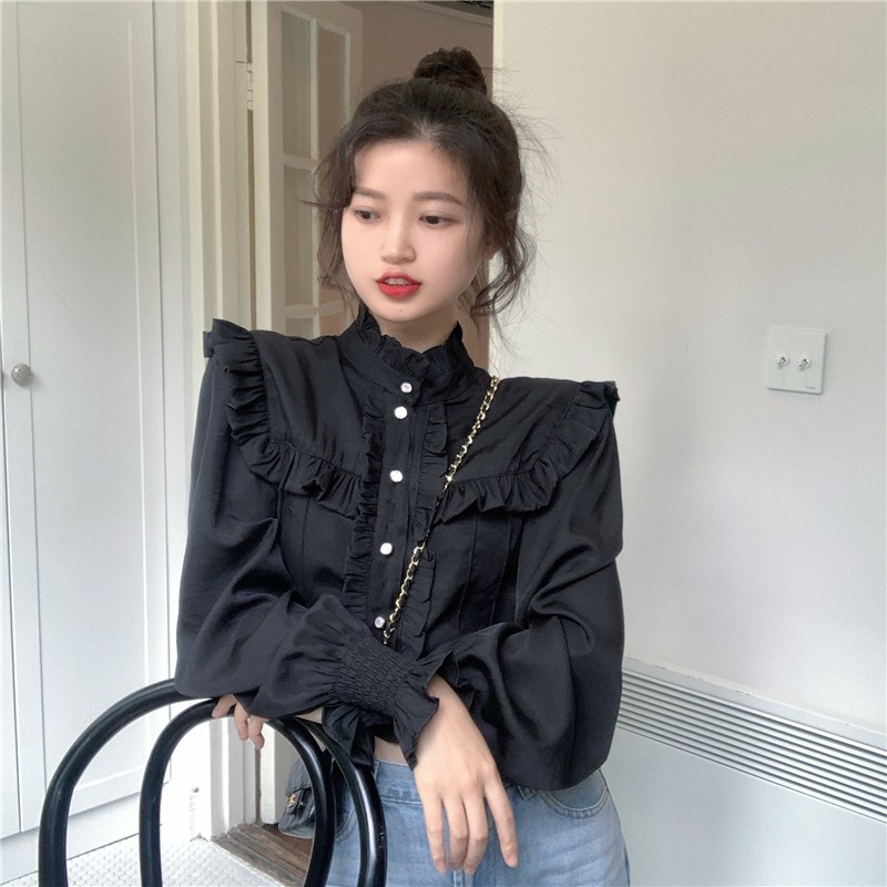 Áo kiểu tay dài cổ cao đính nút bằng gỗ thời trang phong cách retro | BigBuy360 - bigbuy360.vn