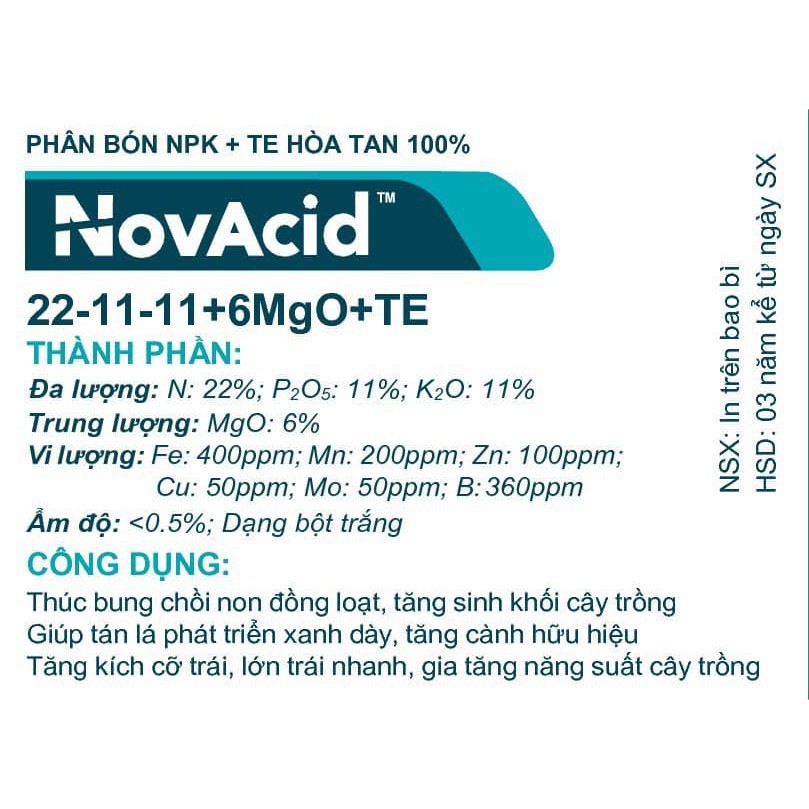 Phân bón hòa tan Israel NPK NovAcid 22-11-11+6MgO+Te giúp thúc cây bung chồi non đồng loạt, tăng kích cở trái thông qua