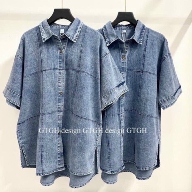 Áo sơ mi suông bò jean tay cộc viền gân sọc hot hit L1 hv