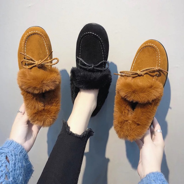 Giày lười lót lông cho nữ chống trơn trượt thanh lý nghỉ Tết