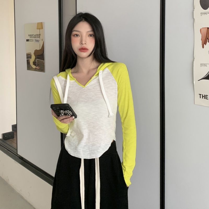 Áo Thun Tay Dài Có Mũ Phối Màu Tương Phản Thời Trang Mùa Hè Dễ Phối Đồ Cho Nữ