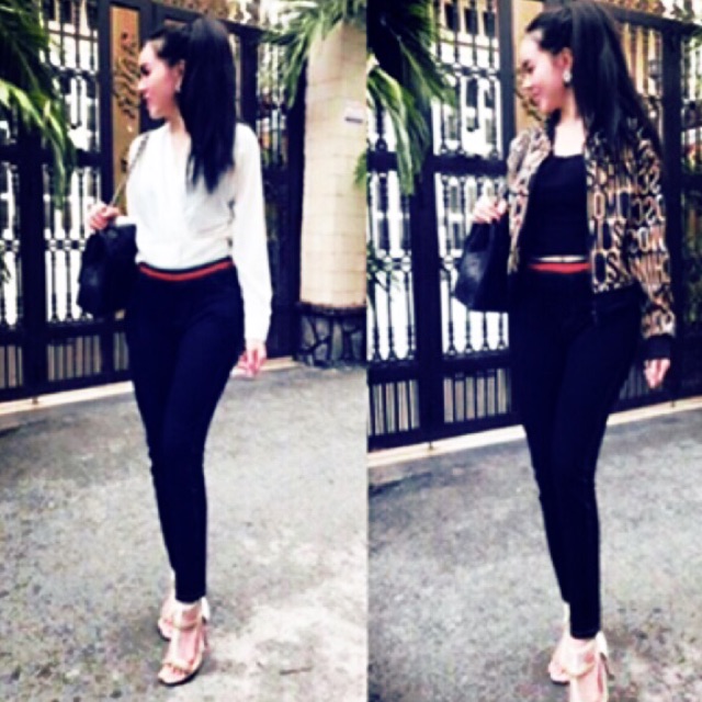 Quần phối lưng Sọc xanh đỏ legging giả jean's