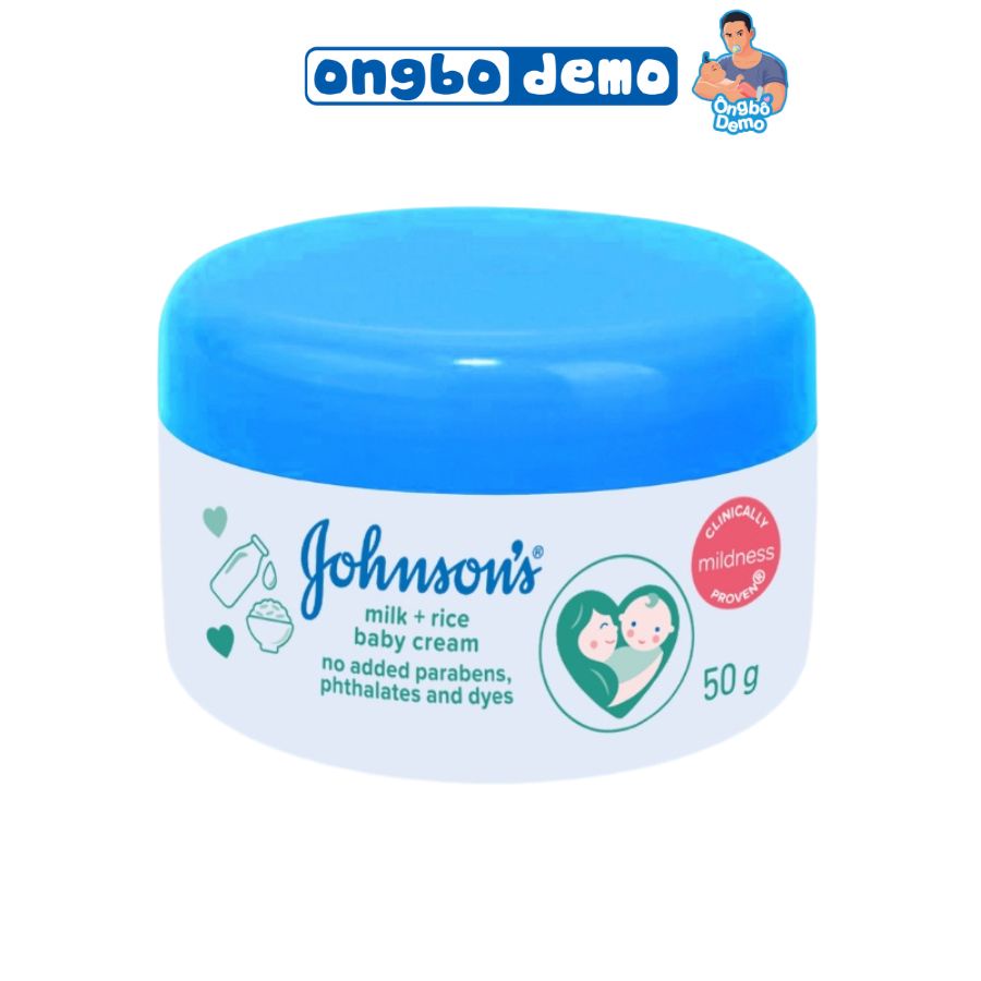 Kem dưỡng ẩm, chống nẻ da Johnson Baby Milk + Rice Cream 50g, Chiết xuât sữa gạo (nắp xanh) - Ongbodemo