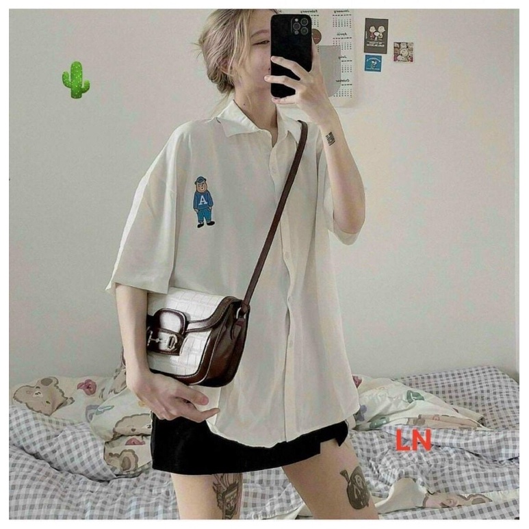 Áo sơ mi logo người xanh chữ A tay lỡ LN12
