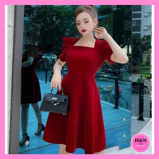 Váy Thiết Kế dáng suông, Váy nhung cổ vuông nơ lưng xinh xắn, màu đỏ đầy may mắn - H&N Shop