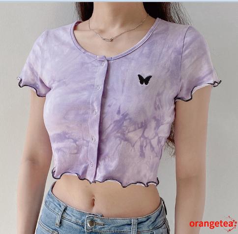 Women Fashion Tie-dye Butterfly Embroidery Top Summer Short Sleeve Round Neck Crop Top