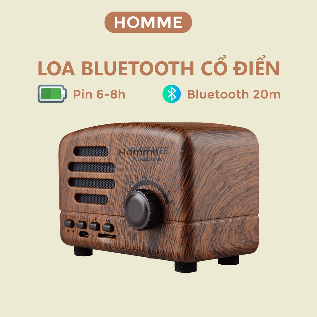 Loa Bluetooth mini cổ điển BT01 HOMME vân gỗ vintage decor phòng làm quà giáng sinh