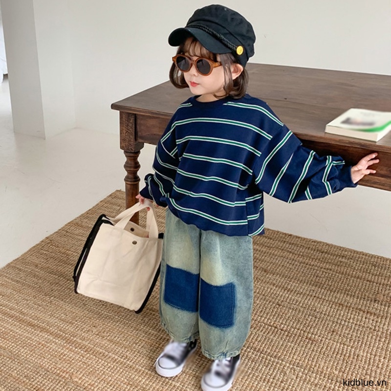 Set Áo Tay Dài Phối Quần Jeans Ống Rộng Thời Trang Cho Bé