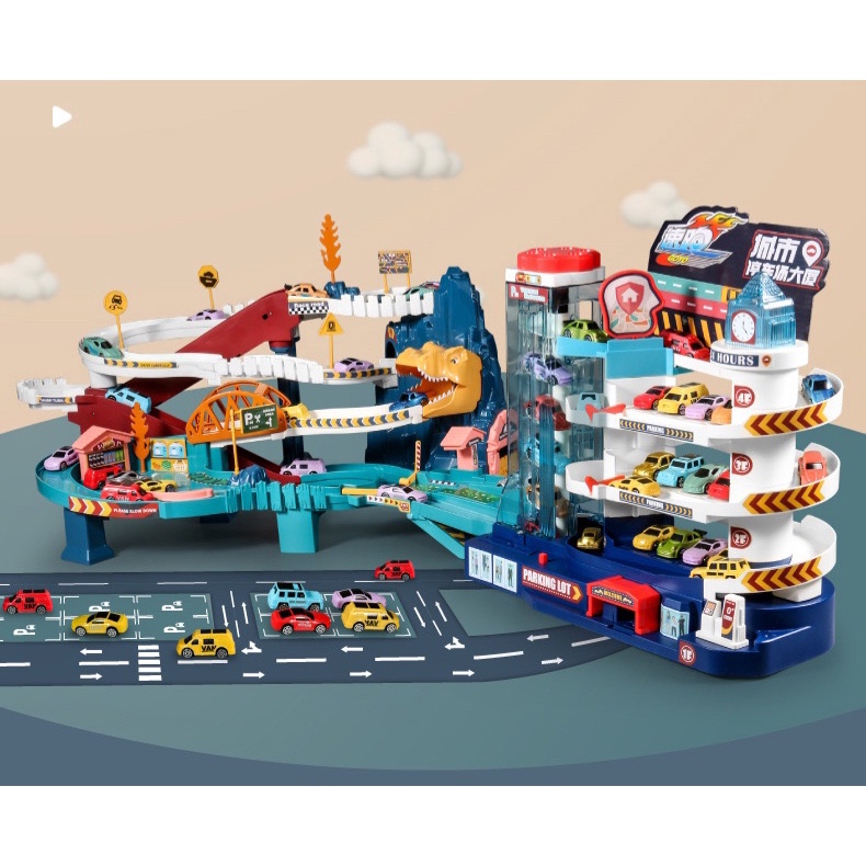 Đường Đua Khủng long siêu tốc kết hợp Garage Đỗ Xe Ô Tô 5 tầng