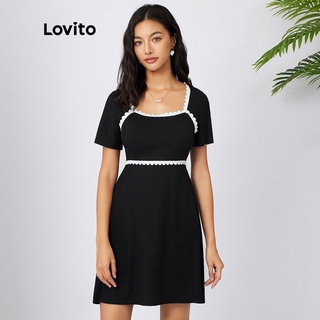 Lovito Preppy Plain Contrast Ren Rib đan cổ váy L21AS116 (Đen)