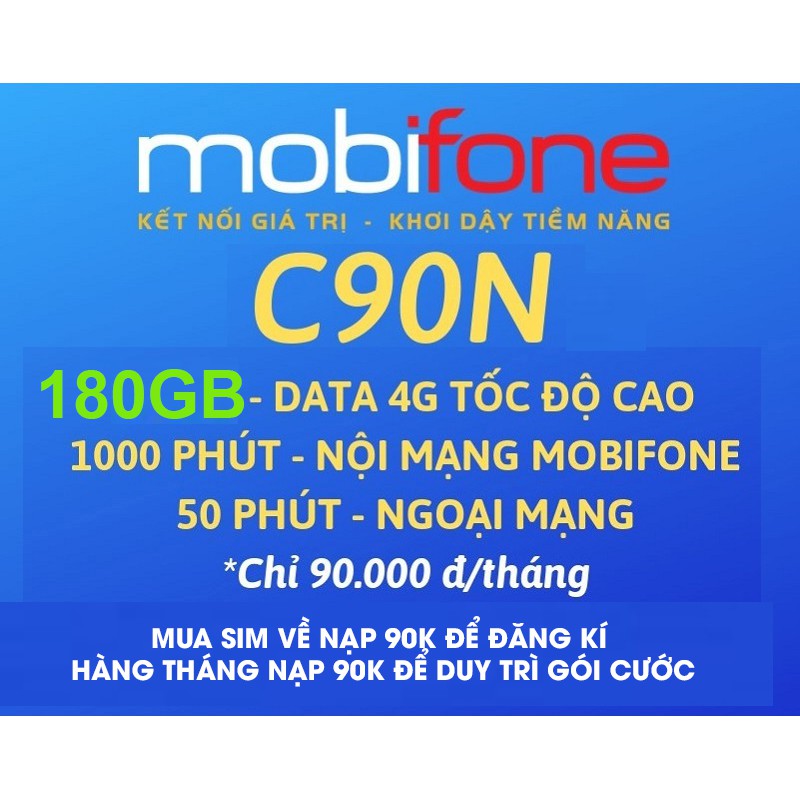 Sim 4G MobiFone C90N chỉ với 90k/tháng có 120GB/tháng (4GB/ngày +1000 phút nội mạng + 50 phút liên mạng) LTMART