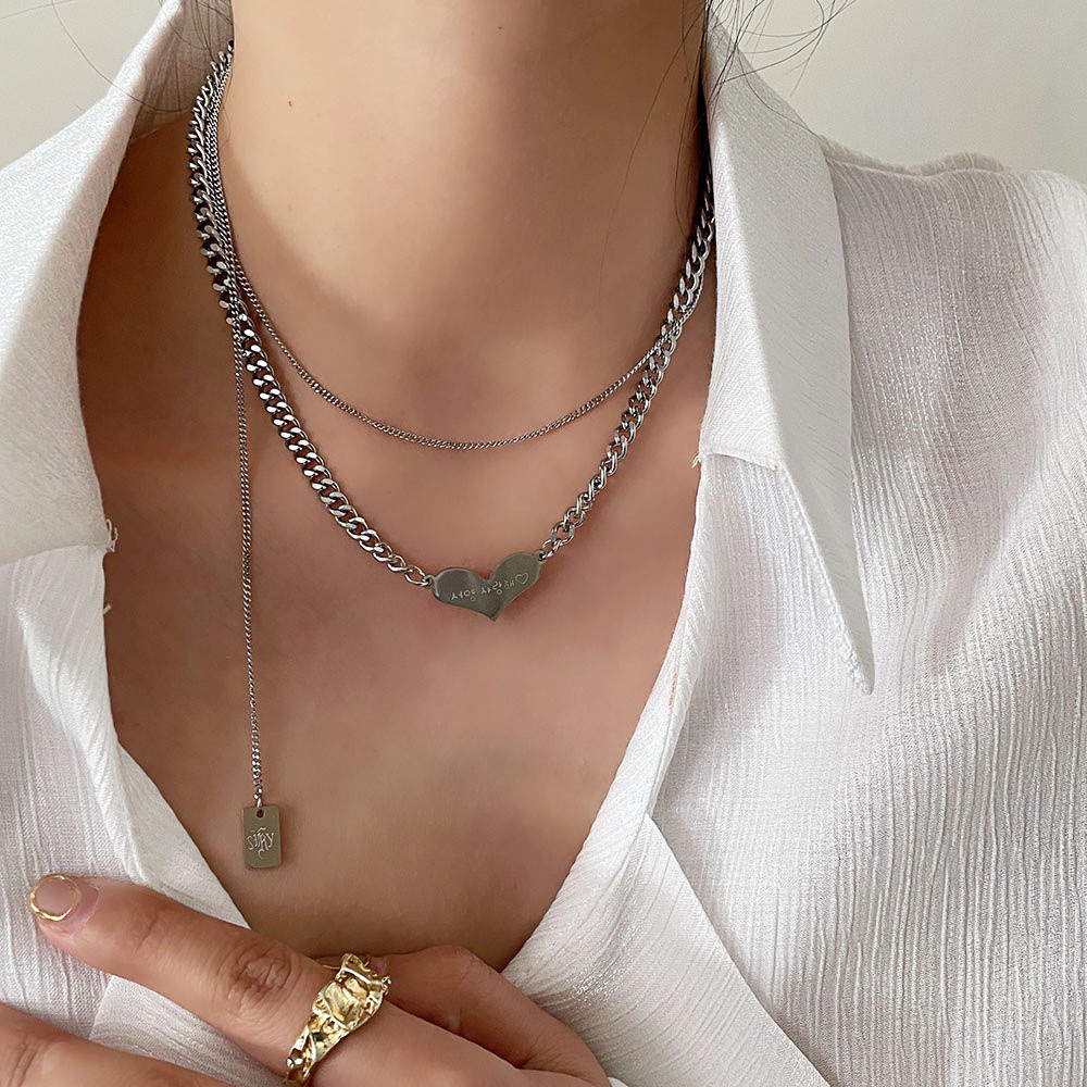 vòng cổ Hai Lớp Mặt Trái Tim Khắc Chữ Đơn Giản Cho Nữ