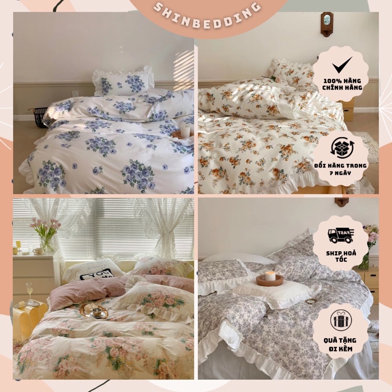 Set Chăn Ga Cotton Ren Hoa Nhí Viền Bèo Hàn Quốc ,Cotton 100% Thoáng Mát Dày Dặn (Shinbedding)