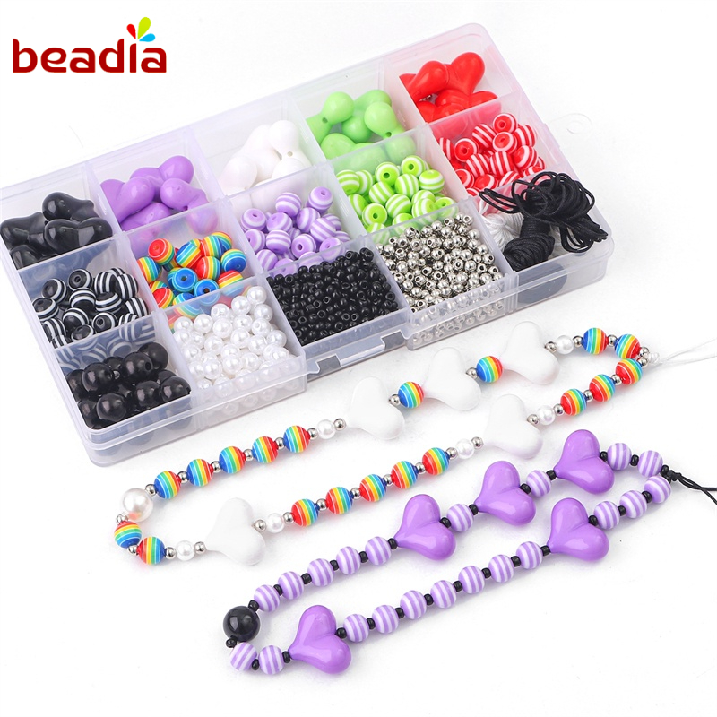 Bộ phụ kiện trang sức hạt cườm BEADIA bằng acrylic (hạt trái tim & sọc giả ngọc trai)