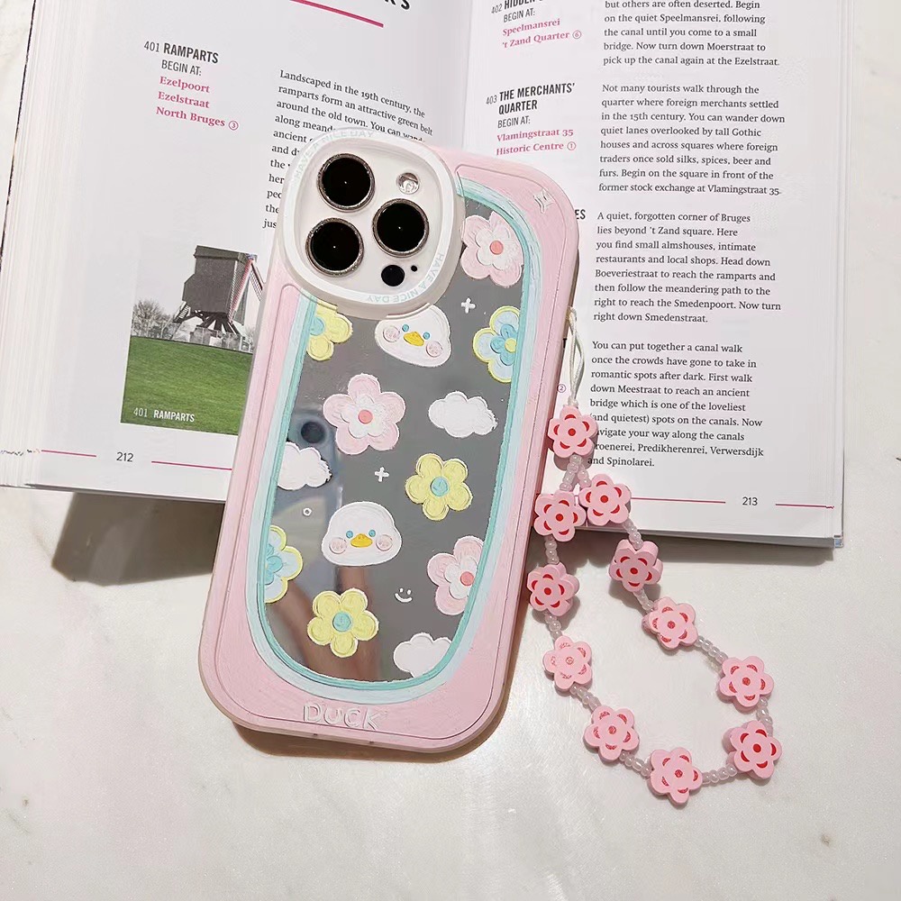 Ốp Điện Thoại tpu Dẻo Họa Tiết Chú Vịt &amp; Hoa Dễ Thương Kèm Vòng Đeo Tay Cho Iphone 12 pro max 11 pro max xs max xr x 13promax 7plus