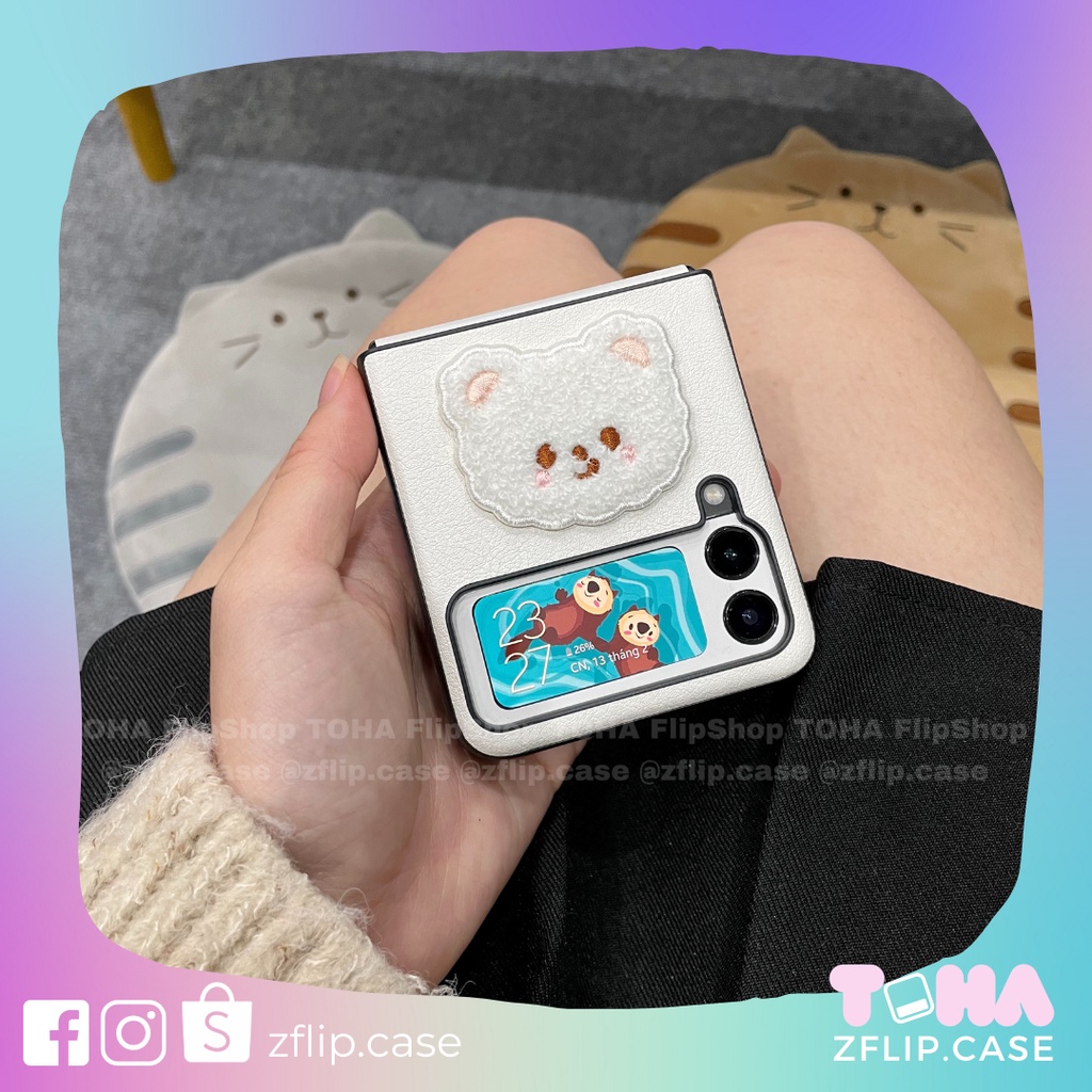 [HÀNGSẴN] Ốp lưng  Z Flip 3 / Z Flip 4 Trắng gấu vải kèm decal trắng cute / Z Flip3 / ZFlip3 / Z Flip4/ ZFlip4