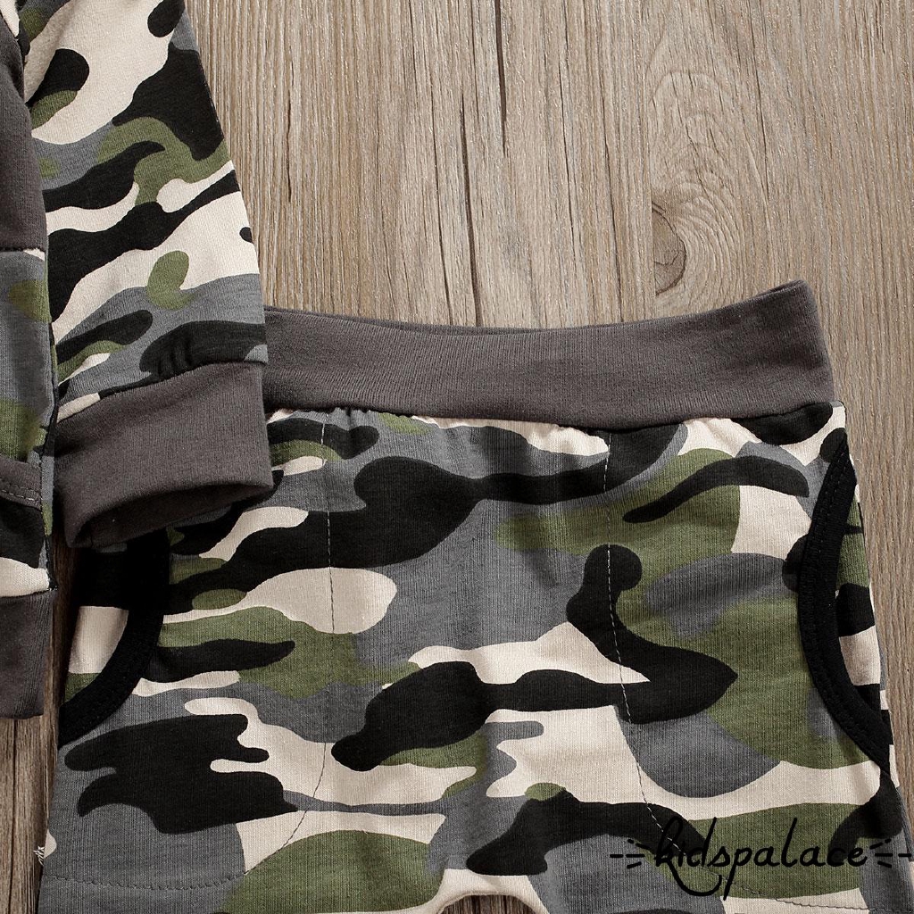 Bộ Áo Tay Dài Có Túi Giữ Ấm 2 Tay Và Nón Hoodie Kẻ Sọc+Quần Dài Vải Thun Họa Tiết Camo Cho Các Bé Nhỏ Sơ Sinh