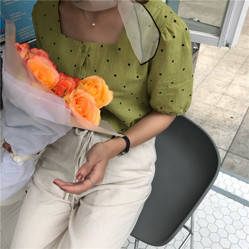 SUXI Áo sơ mi chấm bi ngắn tay phong cách Hàn Quốc thanh lịch dành cho nữ