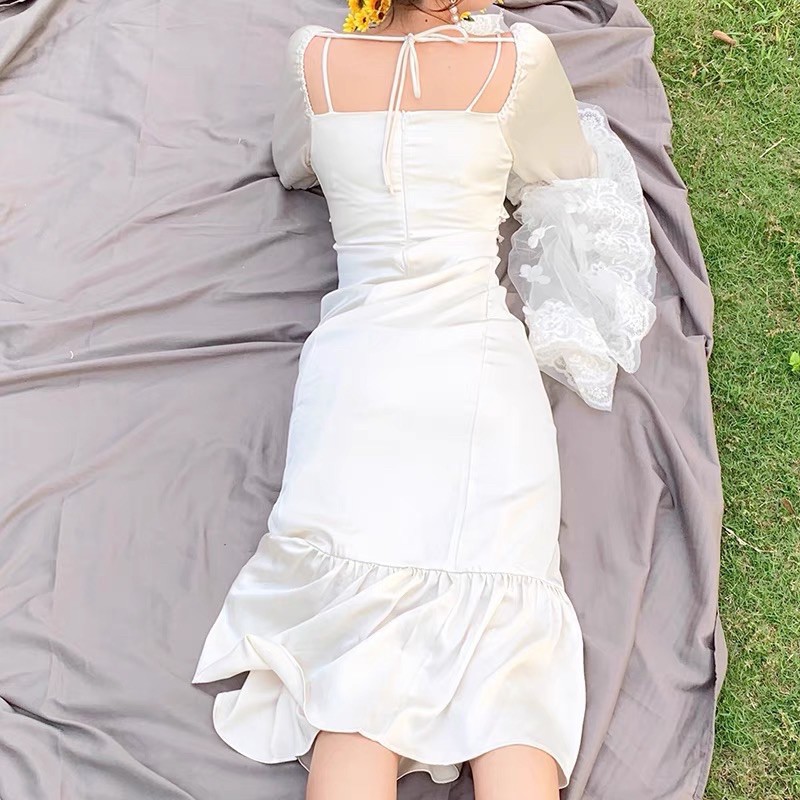 Váy dự tiệc Đầm lụa nữ đuôi cá tay phồng Hàn Quốc | BigBuy360 - bigbuy360.vn