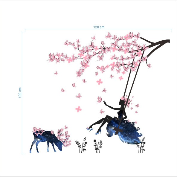 Decal trang trí tường - Cô Gái Hoa Xích Đu và Trâu Hoa