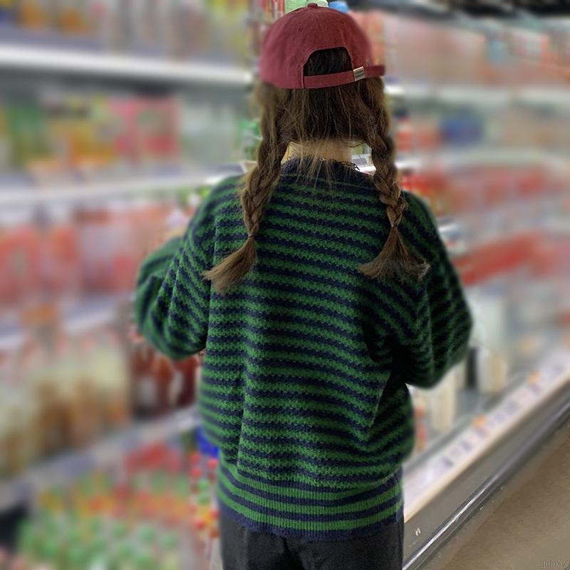 Áo khoác cardigan dệt kim cổ chữ V tay dài dáng rộng họa tiết kẻ sọc phong cách retro Hàn Quốc cho nữ