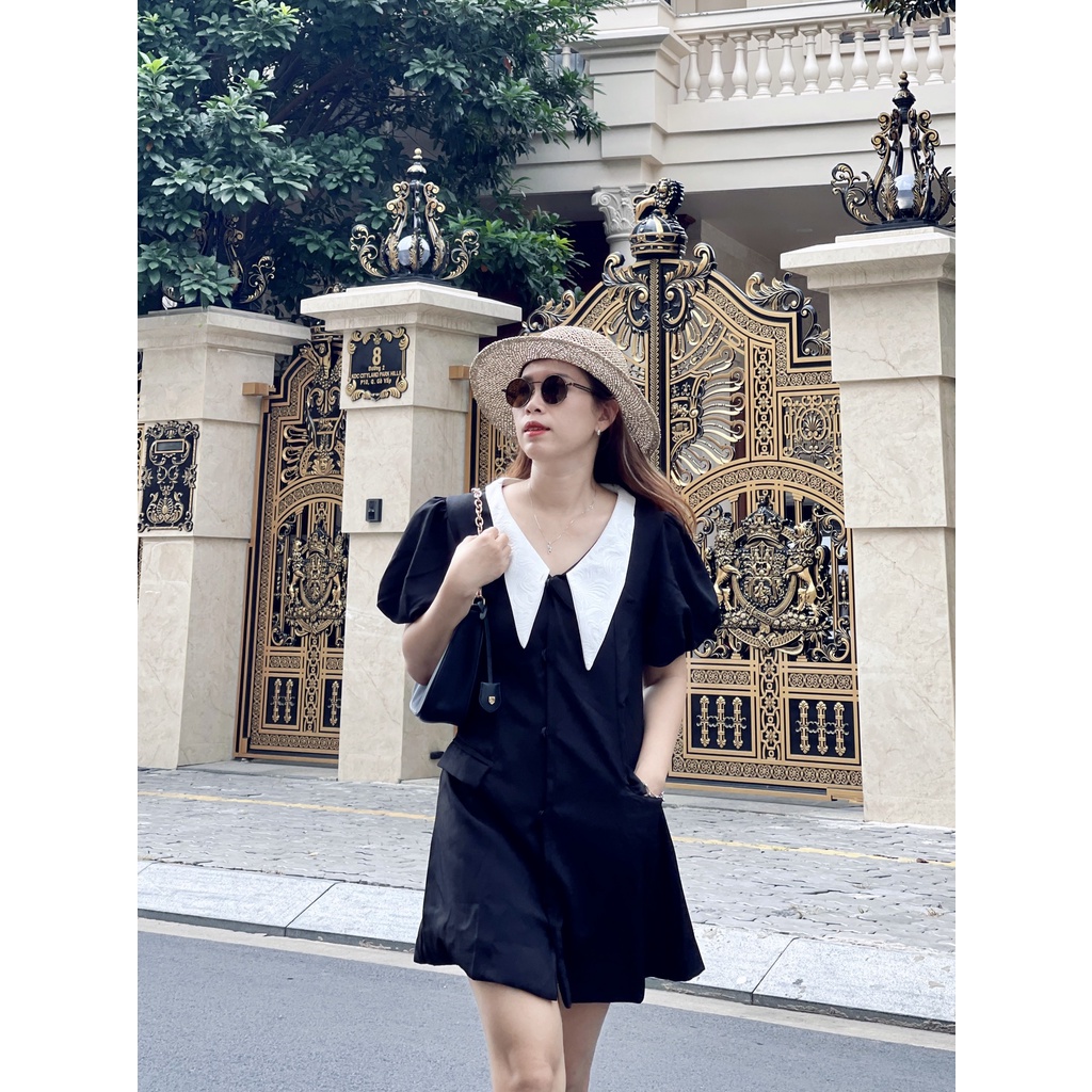 (HÀNG SẴN - ẢNH THẬT) Váy đen cổ gấm có 2 túi đắp, đầm form chữ A tay bồng trên gối trẻ trung, cá tính