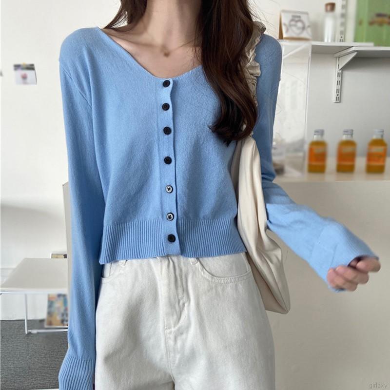 Áo Cardigan Dệt Kim Tay Dài Cổ Chữ V Màu Trơn Thiết Kế Đơn Giản Phong Cách Hàn Quốc Cho Nữ
