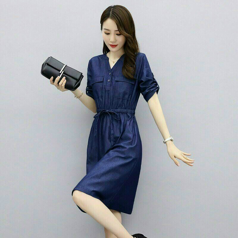 Đầm Jean Cổ V Sang Chảnh, Đầm Jean Xòe Eo Dây Rút Cá Tính