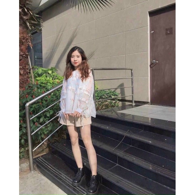 Sẵn Áo babydoll hoa viền bèo nơ tay