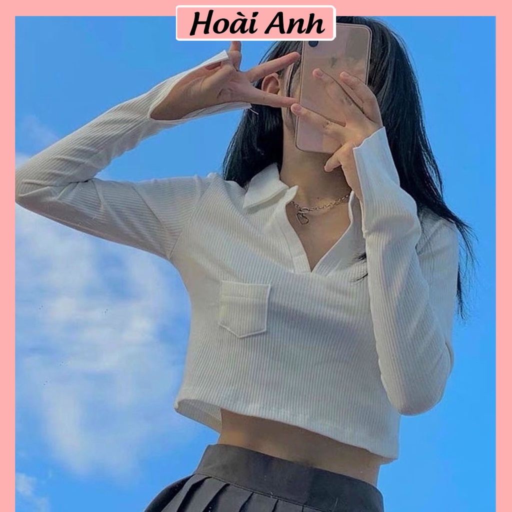 Áo Croptop Nữ Dài Tay Áo Croptop Polo Túi Ngực Cổ Sơ Mi Ôm Body Sexy Siêu Hot