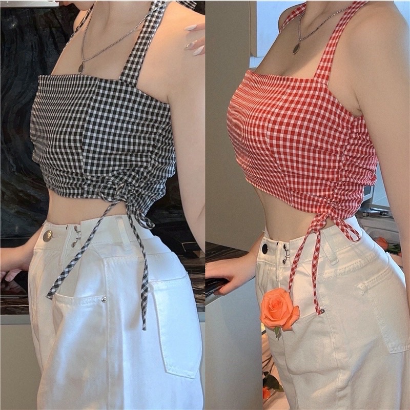 Áo croptop nữ kiểu cột nơ rút dây ca rô siêu hót (có mút ngực)