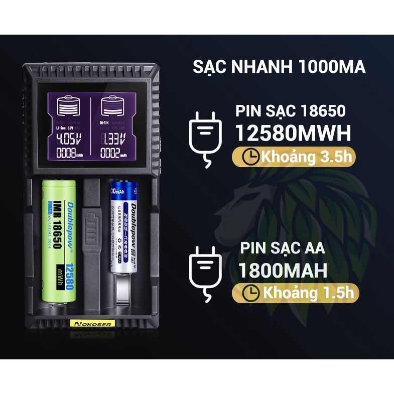 Sạc Pin Đa Năng Thông Minh 1.2V 3.7V NOKOSER D2U Cho Pin Sạc 26650, 22650, 18650, 18490, 18350, 17670, 17500, 14500