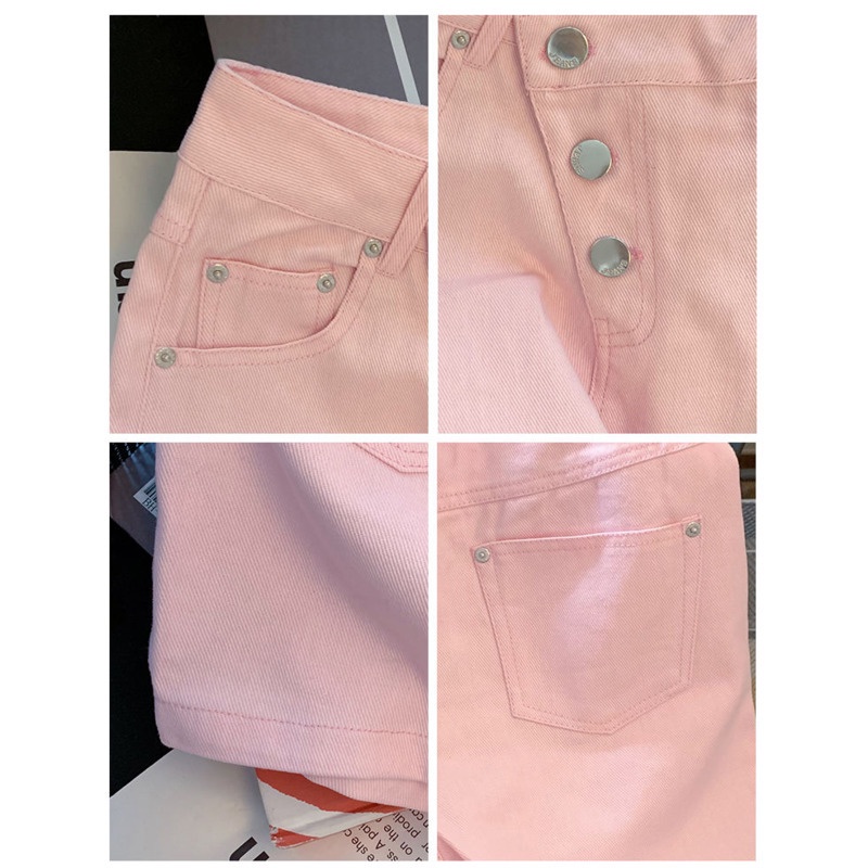 Quần short denim RENJIANVSHENG 175587 lưng cao ống rộng thiết kế độc đáo