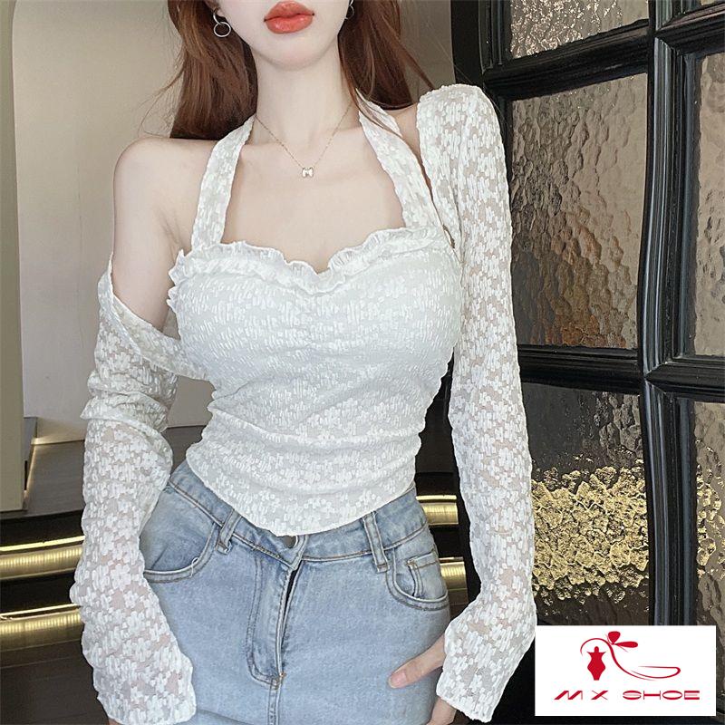 M & X  Set Áo Hai Dây Phối Ren Tay Dài Chống Nắng Thời Trang Mùa Thu Cho Nữ Sense
