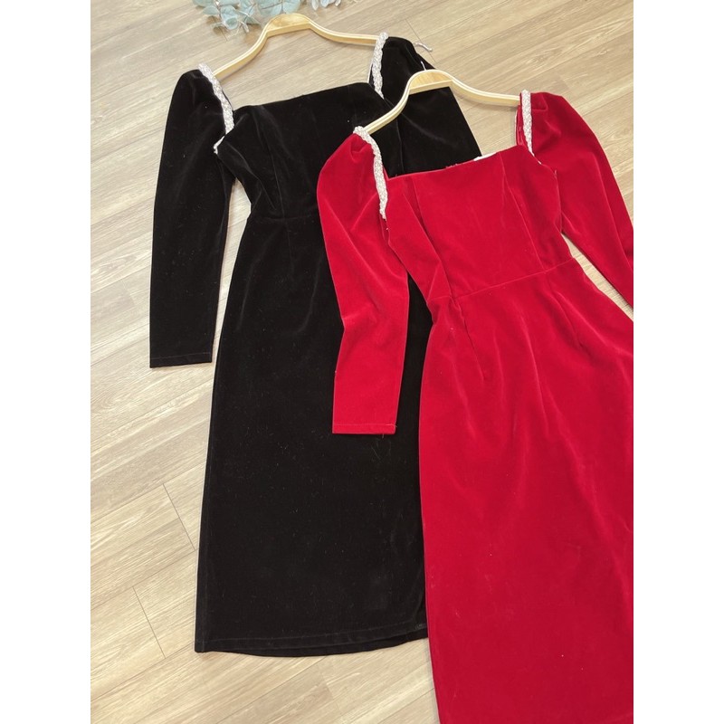 ⚡️ĐẦM NHUNG TAY BỒNG⚡️Đầm nhung cổ vuông tay bồng 2 màu đen đỏ | BigBuy360 - bigbuy360.vn
