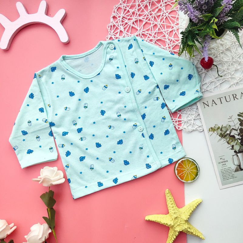 Áo dài tay cúc lệch họa tiết bình sữa cho bé 3-8kg/ nhiều mẫu