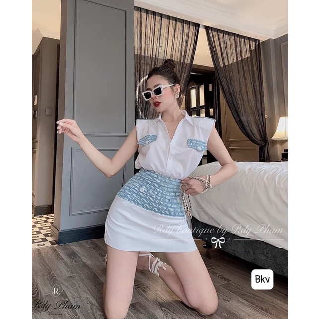 Set bộ MiuMiu cổ sơ mi phối chân váy xanh trắng siêu sang chảnh