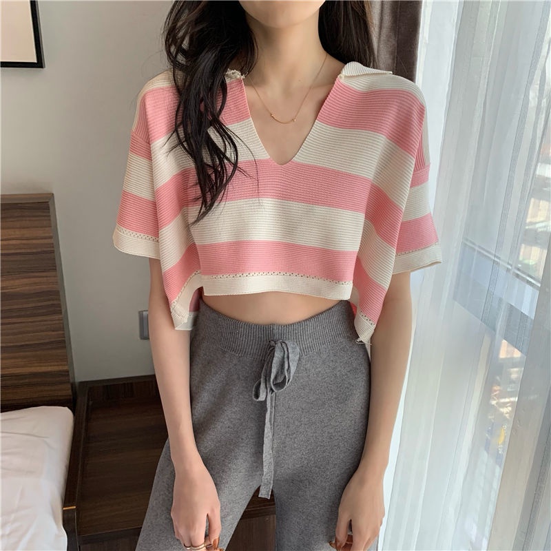 COZOK Áo Thun Tay Ngắn Cổ Chữ V Họa Tiết Kẻ Sọc Thời Trang Trẻ Trung