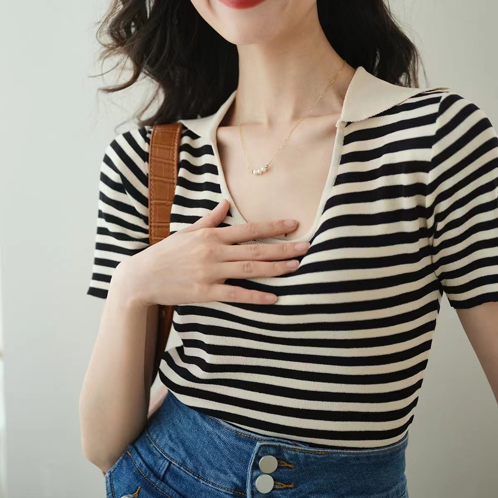 Áo Dệt Kim Ngắn Tay Họa Tiết Kẻ Sọc Phong Cách Pháp Mới