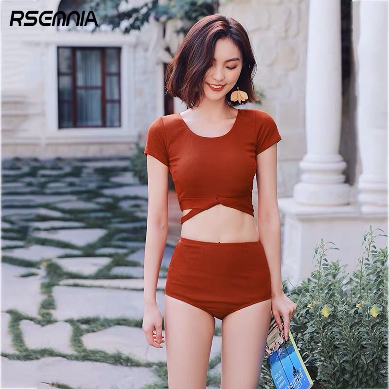 [ LOẠI ĐẸP] Đồ bơi nữ đi biển, bikini hai mảnh cam đất tay ngắn kín đáo