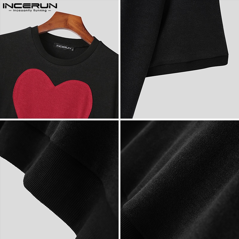 Áo thun INCERUN cổ tròn ngắn tay in hình trái tim phong cách vintage cho nam