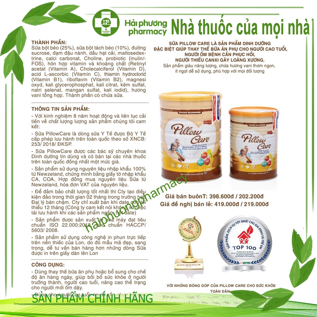 Sữa bột cho người cao tuổi, bồi bổ sức khoẻ Pillow Care ĐK- lon 400gr/ 900gr