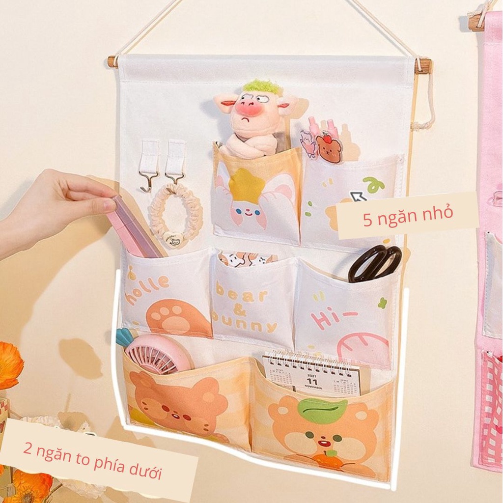 Túi vải treo tường đựng đồ đa năng, giỏ vải treo tường trang trí nhà cửa đáng yêu loại 3 ngăn và 7 ngăn kèm móc treo đồ