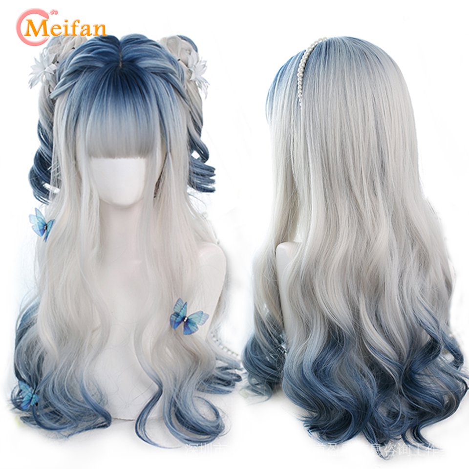 Bộ Tóc Giả Xoăn Dài Nhuộm Ombre Tím Hồng Phong Cách Lolita