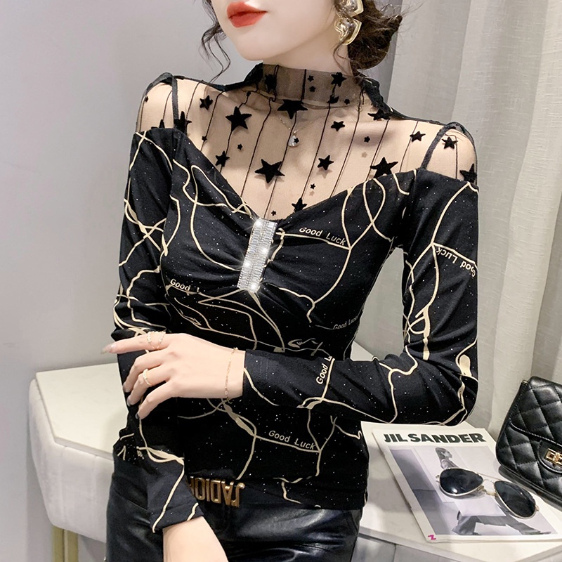 Áo kiểu trễ vai áo lưới dài tay In Họa Tiết Da Báo Phối Ren Phong Cách Mới
