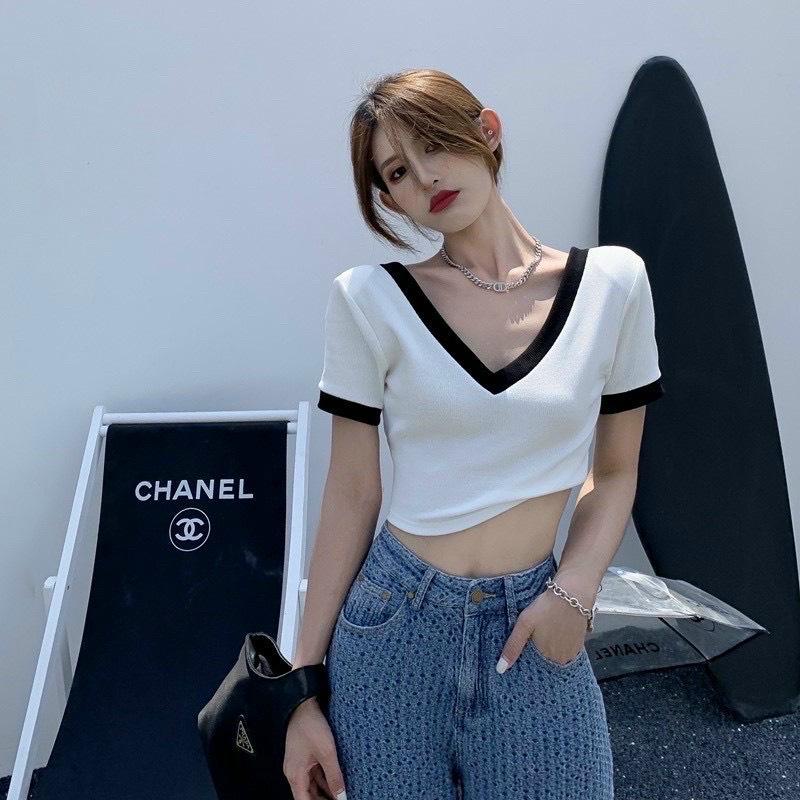 Áo Croptop Ôm Tay Ngắn Cổ Chữ V Viền Trắng Đen, Kiểu Dáng Trẻ Trung Ngày Hè A5297