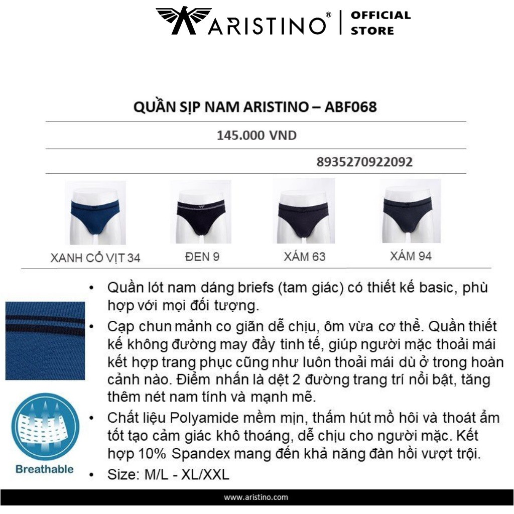 Quần Lót Nam Tam Giác Sịp Nam ARISTINO ABF068 Quần Xì Briefs Chất Liệu Polyamide Mềm Mại Co Giãn Thoáng Mát Thấm Hút Tốt